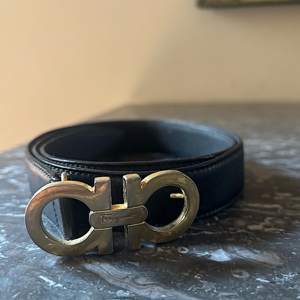 Vintage Ferragamo Black Leather Belt with Gold Buckle